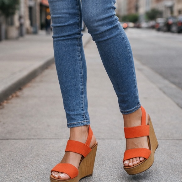 Candie's Shoes - Candie’s Orange Elastic Strap Platform Wedge Sandals Slingback Open Toe Womens